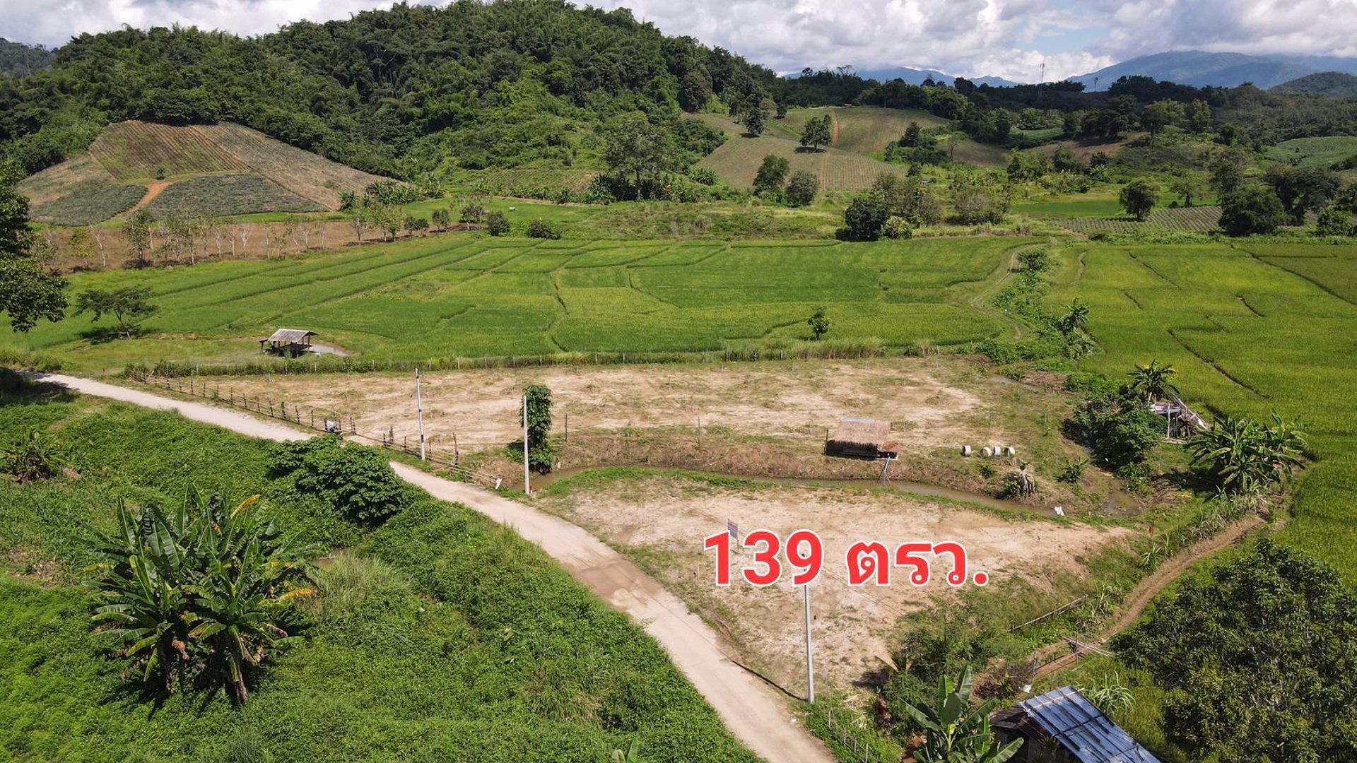 ที่ดินแปลงเล็กราคาถูก-วิวสวย-ใกล้เมือง-ติดน้ำ-มีลำเหมืองเล็กๆไหลผ่าน-วิวภูเขา-น้ำไม่ท่วม