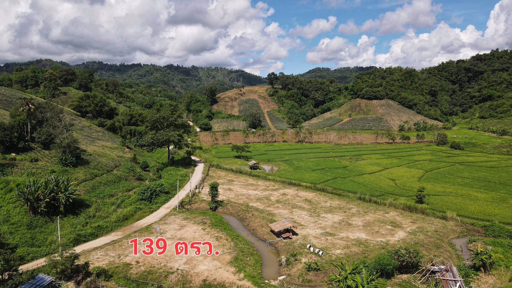 ที่ดินแปลงเล็กราคาถูก-วิวสวย-ใกล้เมือง-ติดน้ำ-มีลำเหมืองเล็กๆไหลผ่าน-วิวภูเขา-น้ำไม่ท่วม