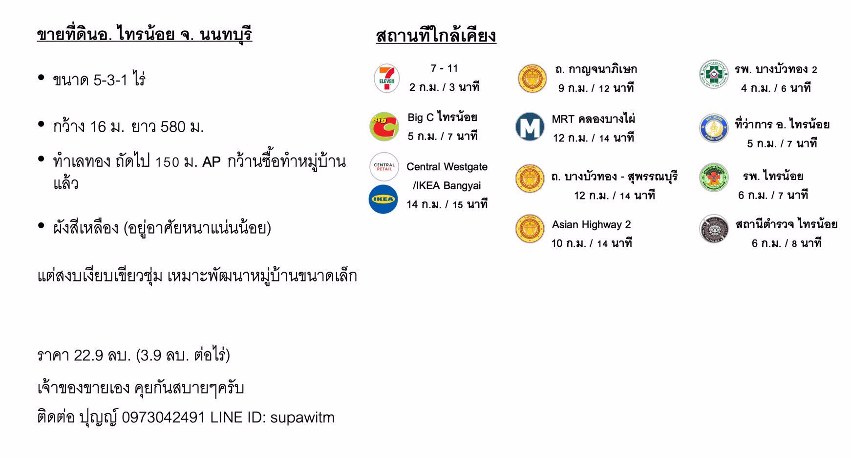 ขายที่ดิน-เนื้อที่-5-3-1-ไร่-ติดถนนบ้านกล้วย-ไทรน้อย-กมที่9