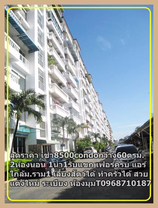 ลดราคาเช่า8000กว้าง60ตรม2ห้องนอน1น้ำ1รับแขก-เฟอร์ครบ-แอร์-t0968710187condoใกล้มราม1-เลี้ยงสัตว์ได้